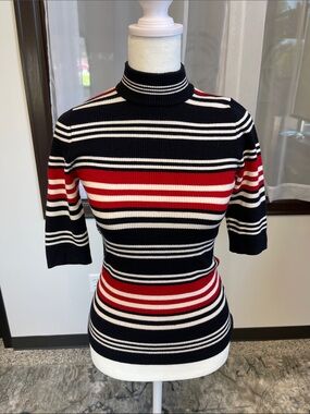 NICHOLAS Black, White & Red Striped Turtleneck Short-Sleeve Sweater